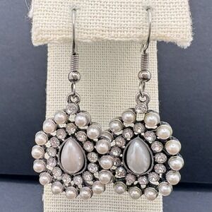 Vintage‎ Premier Designs Faux Pearl Rhinestones Teardrop Pierced Dangle Earrings